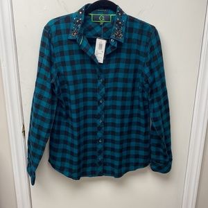 NWT C. Wonder Plaid Button Up with Jeweled Collar- size med